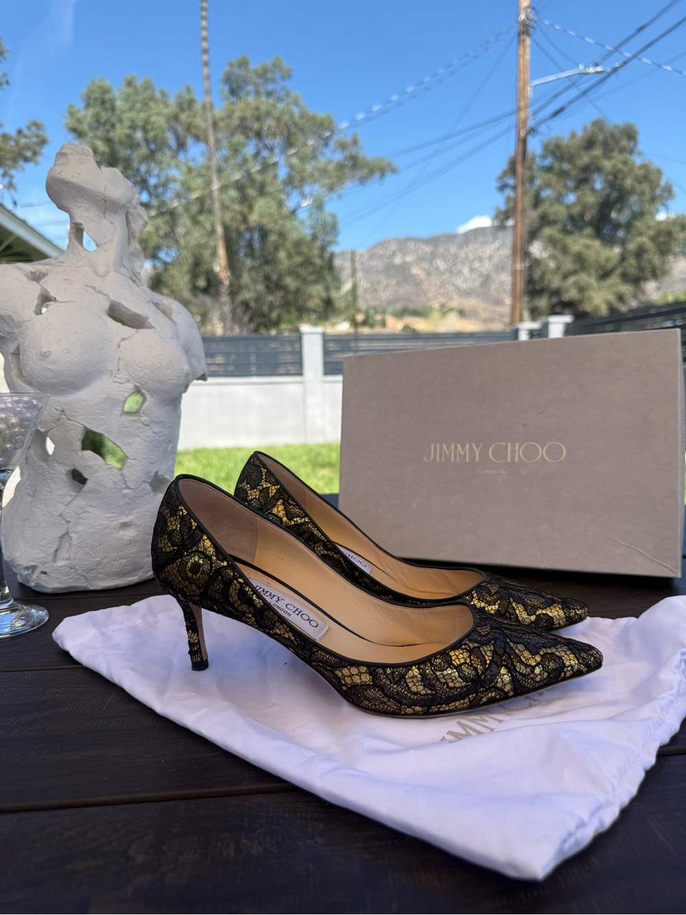 Jimmy Choo Black & Gold Lace Pumps | Size 38 | 60 mm Heel